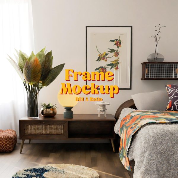 Vertical Frame Mockup: Japandi Style Bedroom, PSD File